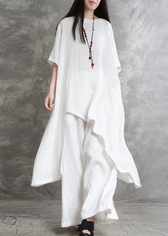 Original large size irregular cotton and linen suit female long section was thin white shirt wild wide-leg pants