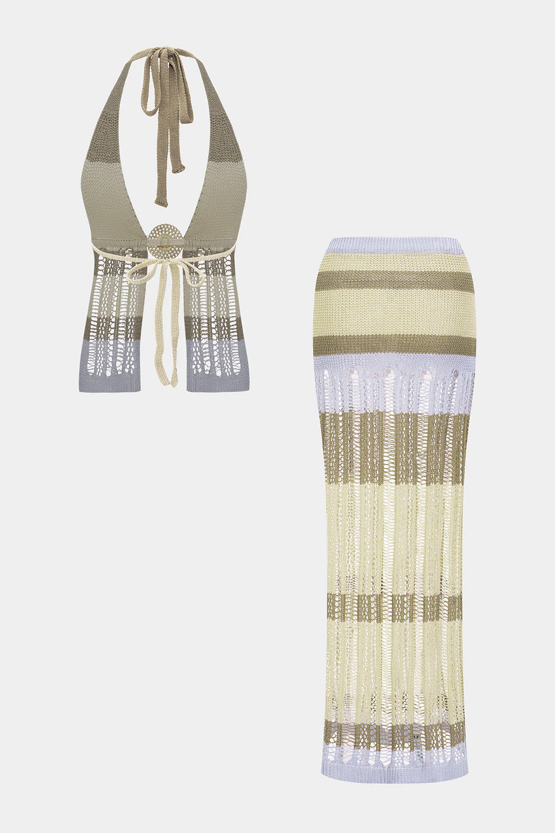 Stripes Print Knit Color Block Cut Out Tie-Back Top And Skirt Set