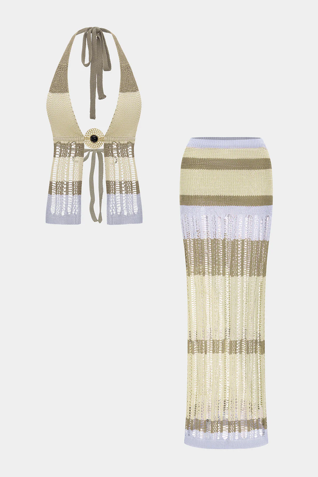 Stripes Print Knit Color Block Cut Out Tie-Back Top And Skirt Set