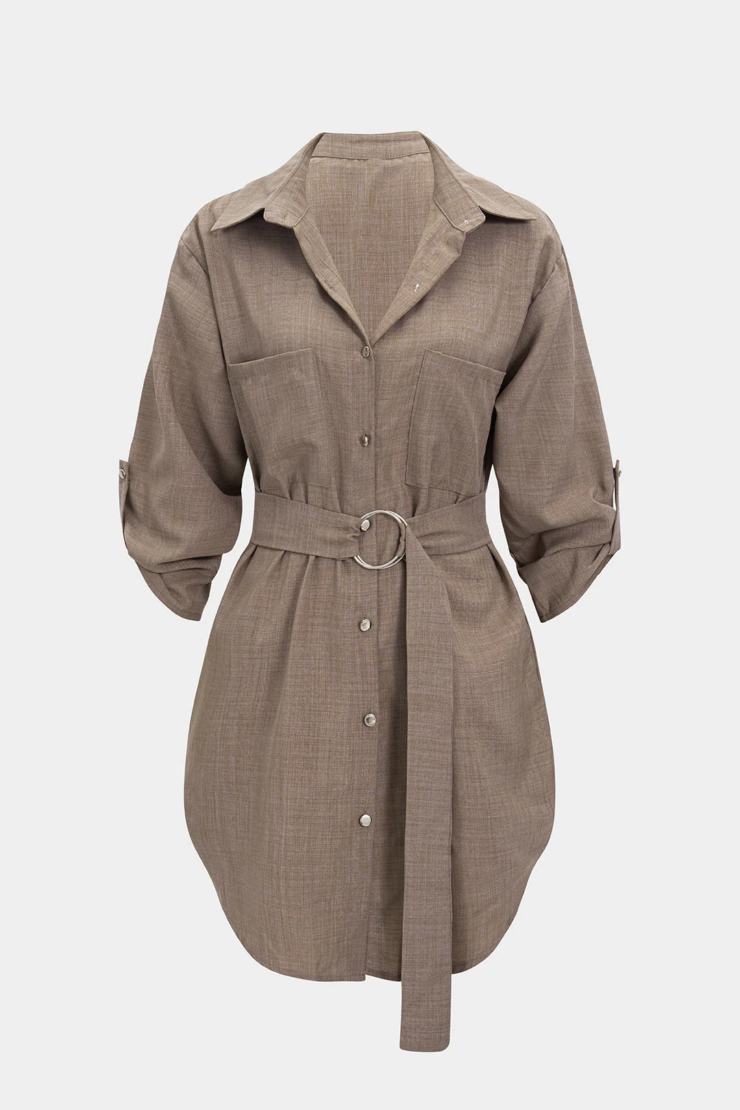 Button V-Neck Belted Mini Dress